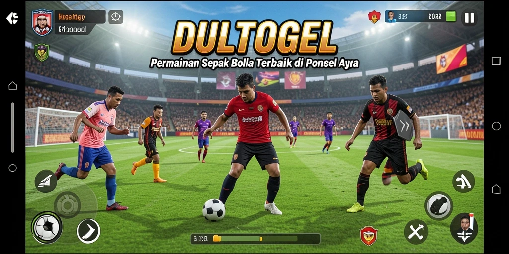 Screenshot gameplay DULTOGEL menampilkan aksi seru sepak bola.