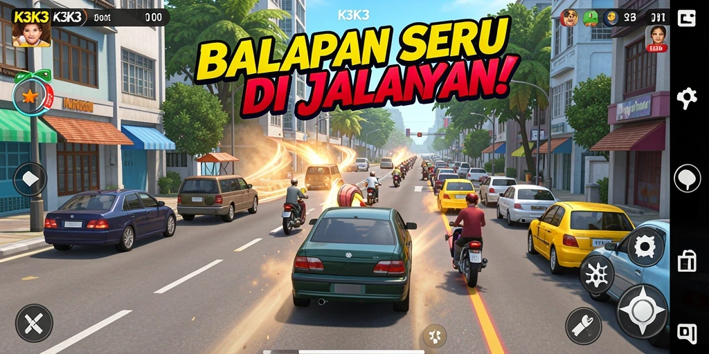 Screenshot gameplay K3K3 yang menunjukkan aksi balapan seru.